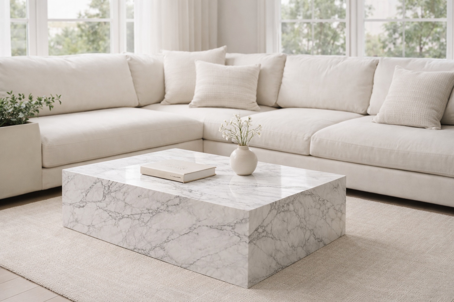 Modern neutral living room featuring a large stone coffee table with white marble veining, styled with a cream sectional sofa, soft cushions, and natural daylight.