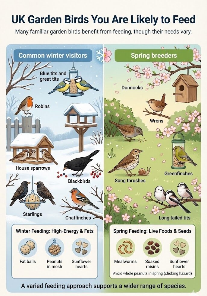 Infographic guide showing common UK garden birds and their specific dietary needs for Winter versus Spring.