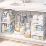 3D isometric illustration of under sink bathroom storage with tiered organizers and spinning trays neatly arranged around plumbing in a minimalist vanity