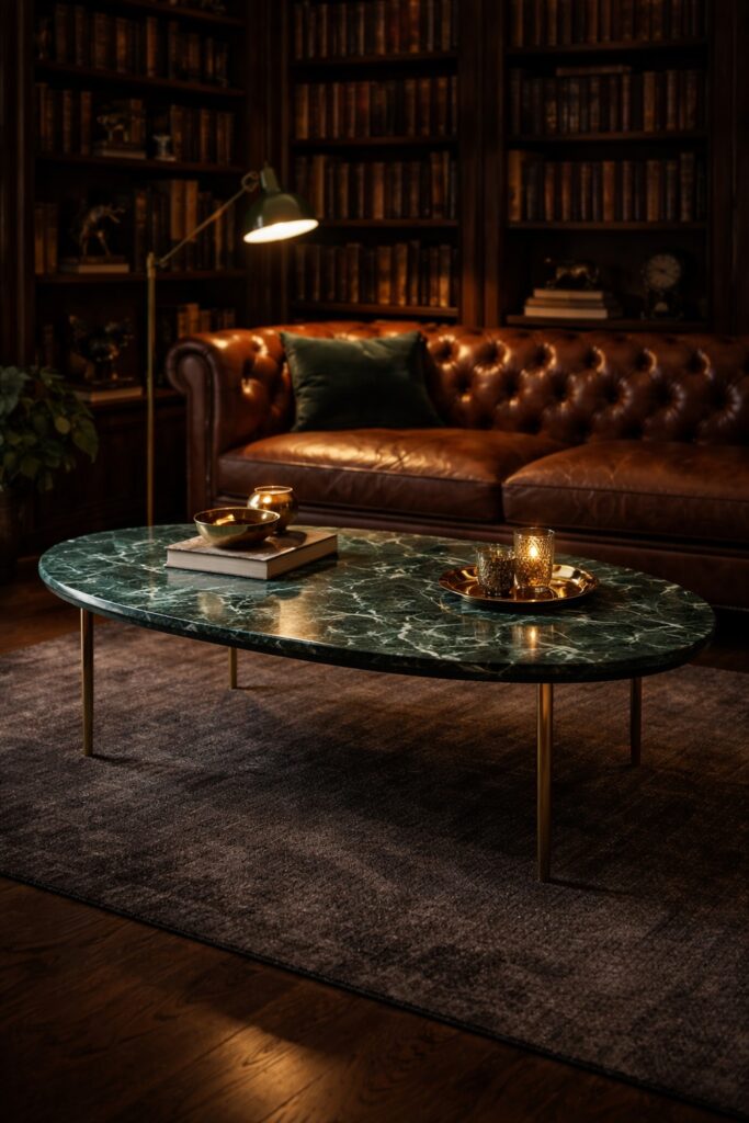 Oval Verde Alpi green marble coffee table with white veining and slim brass legs in a moody home library, styled with dark wood bookshelves, a cognac leather chesterfield sofa, and warm brass lighting.