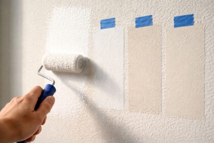 Close up of a hand using a paint roller to apply fresh white paint on a textured wall, showing warm white and cool white paint swatches side by side with blue painter’s tape labels and natural side lighting.