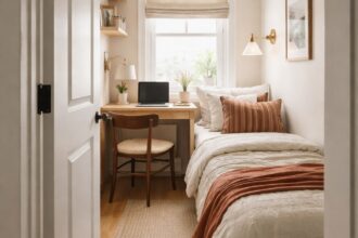 Welcoming doorway view into a small box room home office, showing a very tight third bedroom with a compact desk and chair, designed to make a limited space feel functional and inviting.