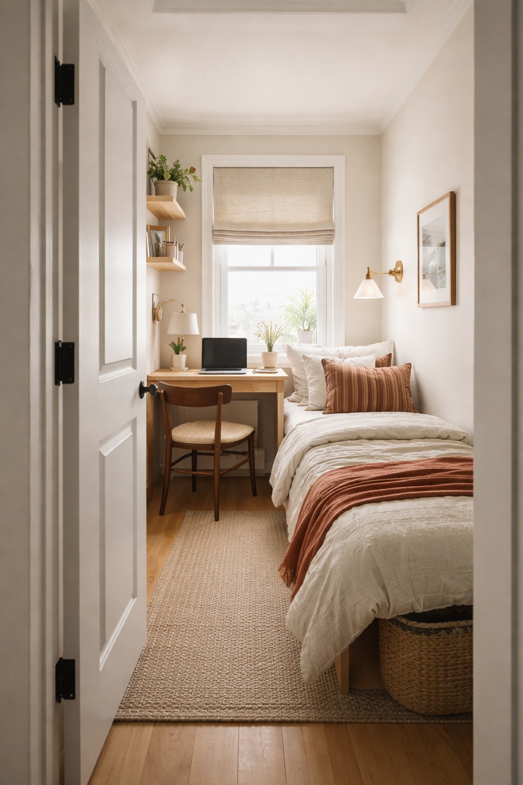 Welcoming doorway view into a small box room home office, showing a very tight third bedroom with a compact desk and chair, designed to make a limited space feel functional and inviting.