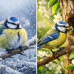 What to feed garden birds in winter vs spring shown by a blue tit conserving heat in frost and feeding chicks in spring
