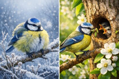 What to feed garden birds in winter vs spring shown by a blue tit conserving heat in frost and feeding chicks in spring