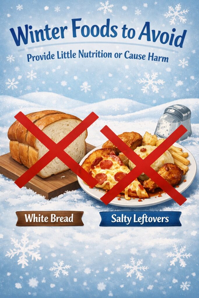 Illustration showing winter foods to avoid, with a red cross over a loaf of white bread and salty leftovers against a snowy background, highlighting poor nutritional value.
