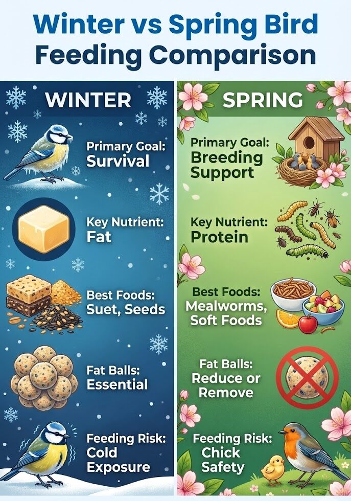 Winter vs Spring bird feeding comparison infographic by LightGuru.co.uk showing differences in nutritional needs and food types.